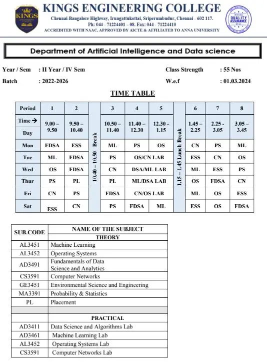 Academic Time Table 1